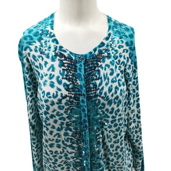Quacker Factory Blue Leopard Print Sequin Lightweight Cardigan Sweater Size S - Picture 6 of 12